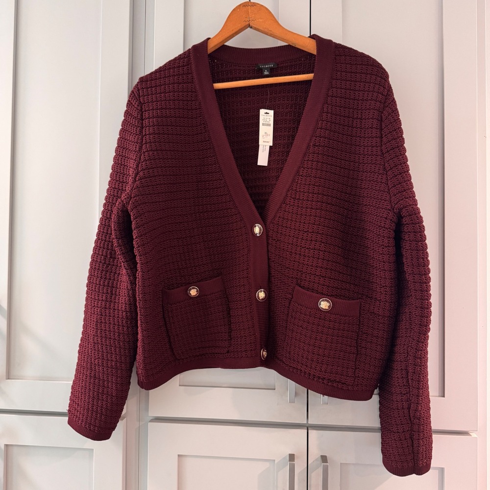 Talbots Womens Burgundy Textured Knit Gold Crest Button Cardigan Sweater XL NWT
